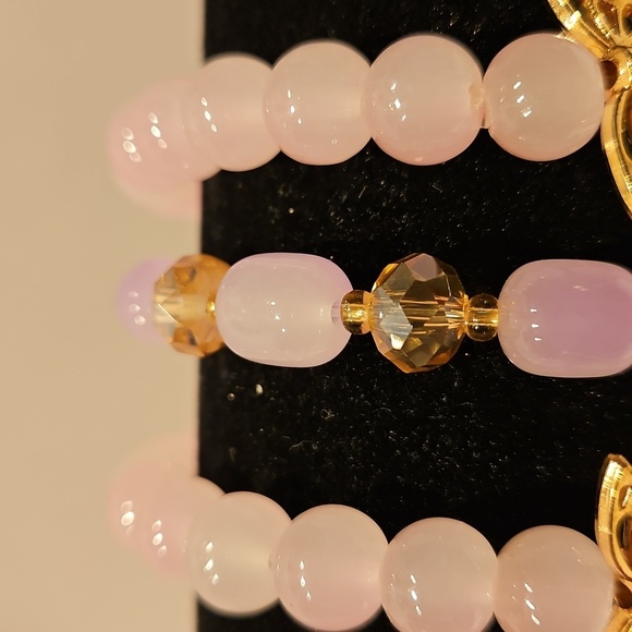 3 Pale Pink Glass, Crystal & Butterfly Accents Stretch Beaded Bracelet Set - Picture 2 of 7